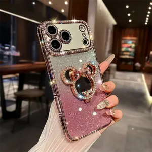 Creative sparkling diamond mirror holder phone case for iPhone 17Pro Max 16 pro max Soft Casing Transparent Shockproof Cover