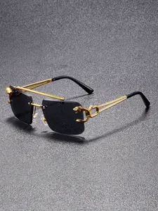 Women's Luxury Frameless Square Sunglasses, Leopard Head Decoration, Uv400 Protection, Outdoor Driving Shades