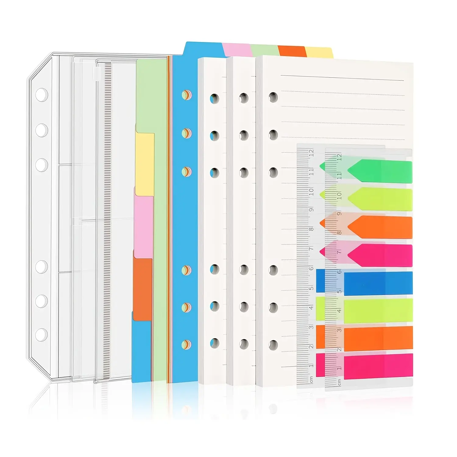 A6 6-Ring Notebook Binder Refill Paper Inserts - 135 Sheets Lined Filler Paper, 3 Binder Pockets, 10 Dividers, 160 Neon Sticky Tabs for Daily Planners & Refillable Personal Journals, Daily Planner