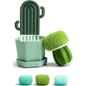 Kitchen Cleaning Brush Set with Holder & Drip Tray  3  Cactus Scrub Brush, Row Brush, Mini Dish & Pot Brushes  Durable Multi-Purpose Scrubbers for Sink, Pans, Plates, Cups (Green)