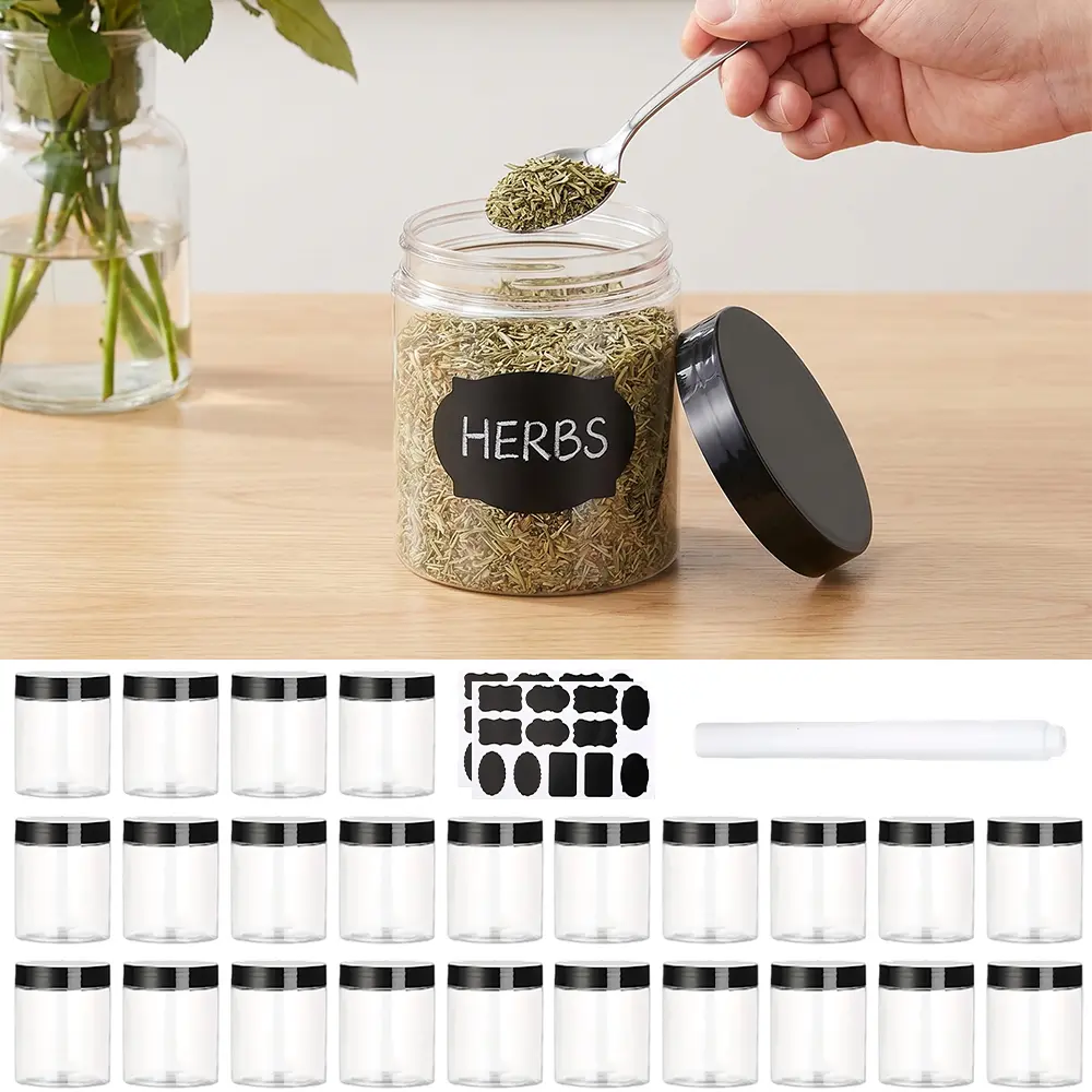 24pcs Empty Clear Plastic Jars with Black Screw Lids Airtight Storage Canisters with Stickers & Gaskets for Kitchen Snacks Bath Salts Candle Cosmetic DIY Containers(7oz)