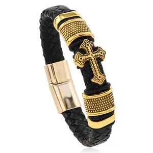 New Unique Retro Multi Layer Leather Bracelet with Magnetic Buckle Gold Plated Hypoallergenic Cross Pendant Trendy Stack Bangle Elegant Minimalist Jewelry for Men Women