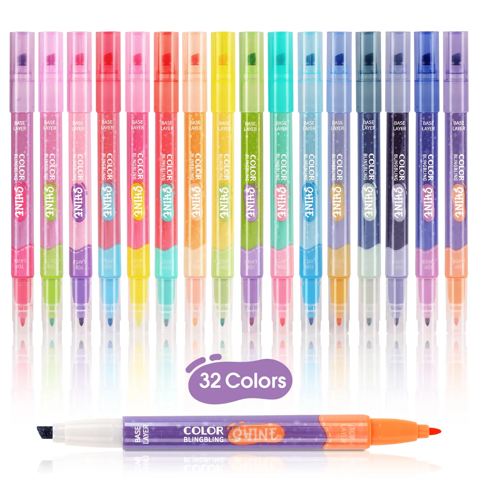 HANKU 16-Piece Pastel Glitter Dual-Tip Markers, Color-Changing with Mixed Blend & Color Overlay Effects, Broad & Fine Tip Pens for Office Highlighting, DIY Art, Broad Tip
