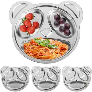 Set of 4 Stainless Steel Divided Plates, 3 Sections Unbreakable Dinner Plates, Cute Panda Shape Divided Plates for Picky Eaters, Lunch, Camping