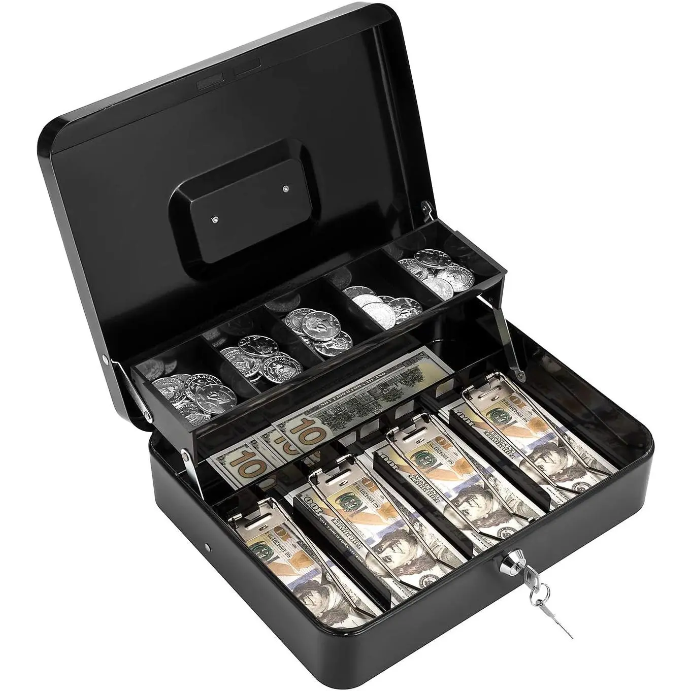 Box with Lock Key and  Tray - Large  Box for  Register, Metal Lock Box for  Safe 11.8" x 9.4" x 3.54" Black