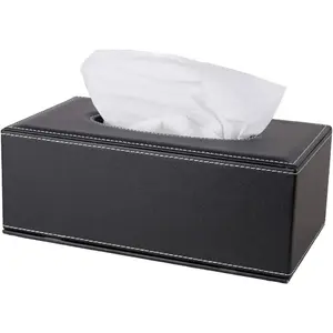 High-end Fashion PU Leather Tissue Box Holder Black with lid, Rectangular Napkin Facial Tissues Holder Dispenser,Home Office  Tissue Box Cover Decorative Container with  Bottom (Black)