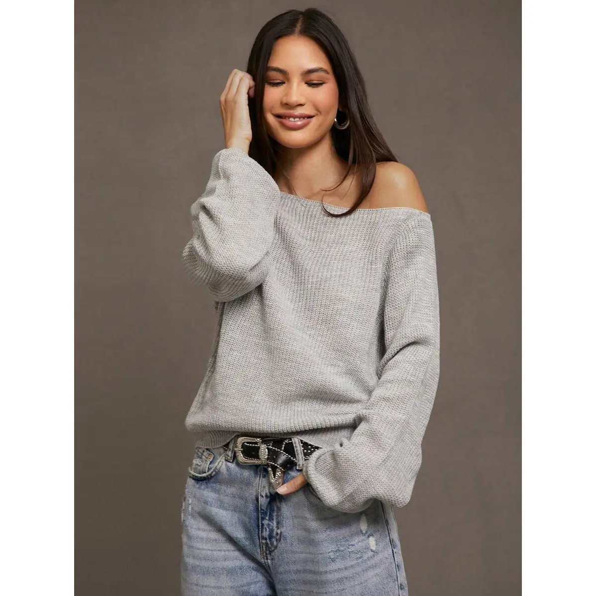 Solid Ribbed Knit Asymmetrical Neck Sweater,Long Sleeve Tops,Off The Shoulder Sweater In Fall/Winter