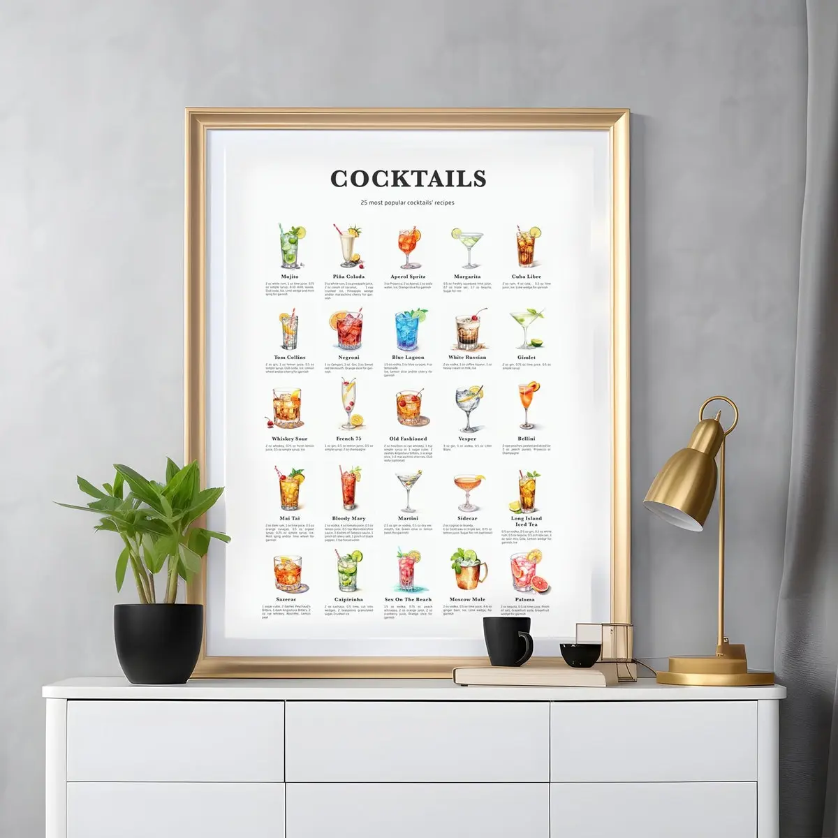 25 Popular Cocktails Poster, Cocktails Recipe Print, Cocktail Print, Cocktail Art, Kitchen Art, Kitchen Decor. Cocktail Wall Art Gift