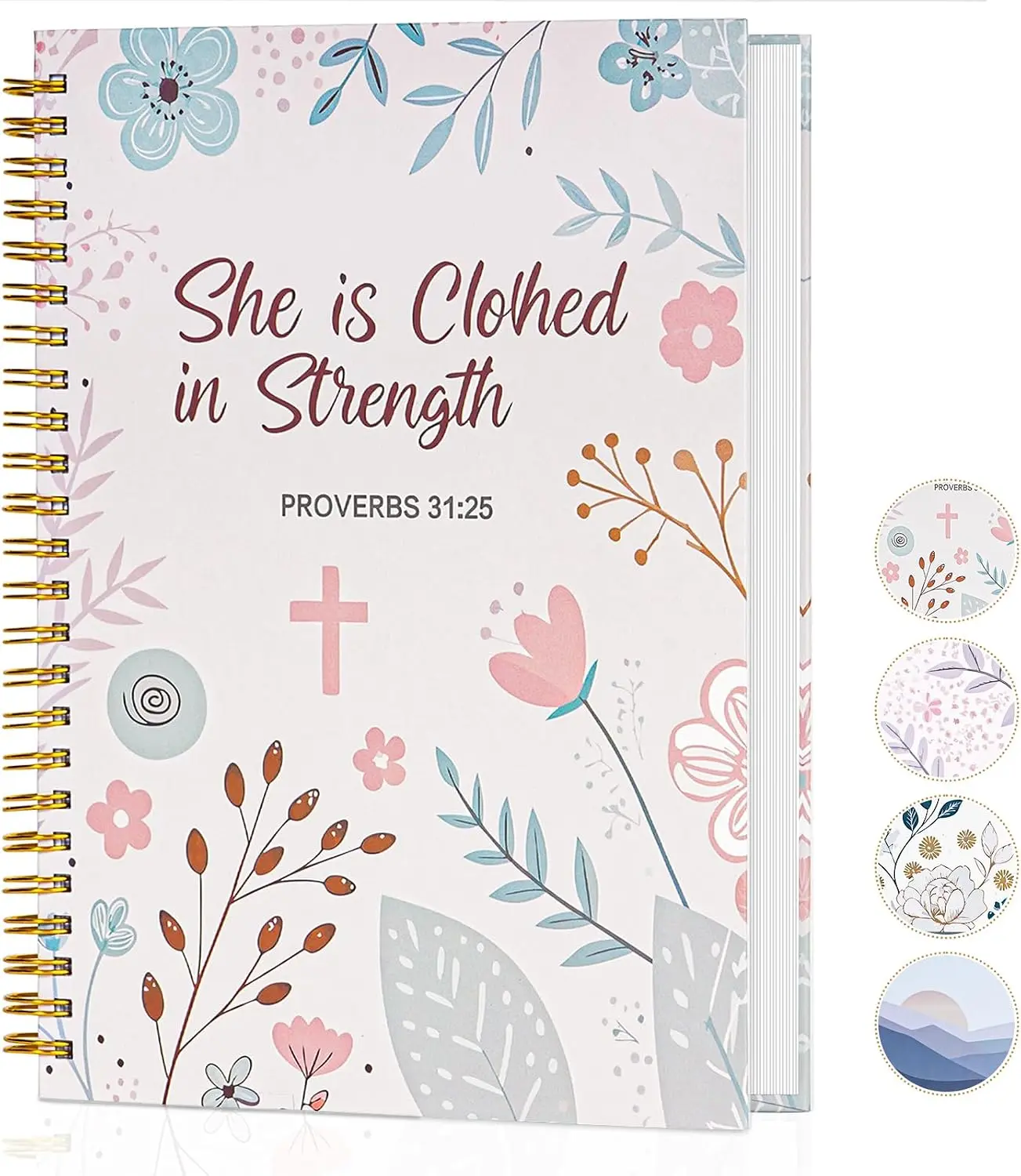 Aesthetic Bible Journal for Women – Pretty Floral Spiral Notebook with Bible Verses, Christian Prayer Journal for Church Notes & Sermon Reflection, Inspirational Religious Gift for Christians (Proverbs 31:25)
