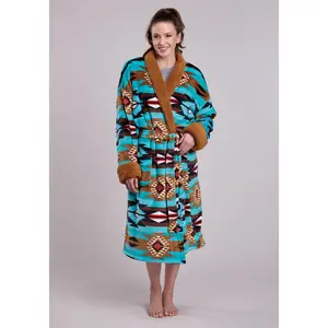 Womens Turq Aztec Printed Fleece Robe One Piece Pullover One Piece