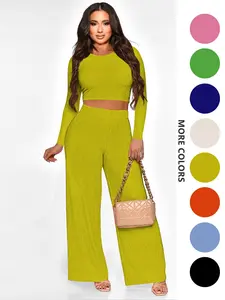 Two-piece Set Women's Solid Textured Crop Top & Wide Leg Pants, Casual Fashion Cozy Round Neck Long Sleeve Top & High Waist Trousers for Daily Outdoor Wear, Women's Clothing for Fall & Winter