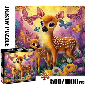 1pc 1000 piece adult puzzle 58x58cm Deer and Butterflies in a Floral Scene 500 pieces paper jigsaw puzzle suitable for DIY creative games for adults and families, birthday and holiday stress relief