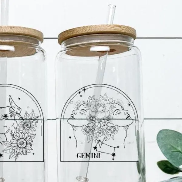 GEMINI OVERSTOCK Zodiac Constellation Glass Cup with Bamboo Lid and Reusable Straw - 16oz Clear Drinkware