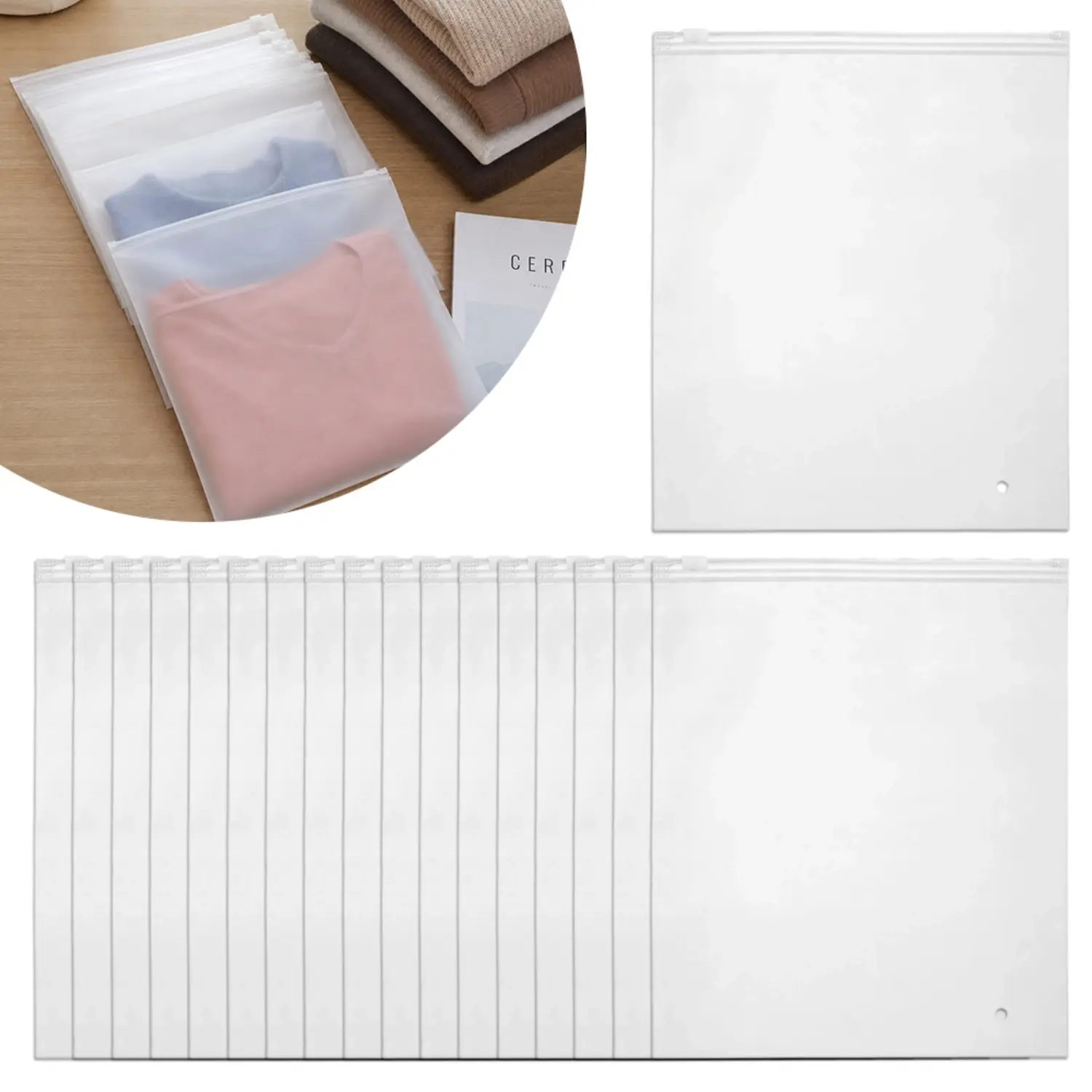 50 Pack Frosted Zipper Bags for Clothes, 13.78x15.75 Inch Clear Plastic Bags for Clothes, T Shirt, Swimsuit, for Clothing Packaging, Shipping, Mailing, for Small Business
