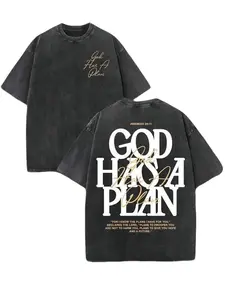 Retro Washed T-Shirt Double Sided Printed 230 Pure Cotton'GOD HAS A PLAN' Letter Print Men's Casual ComfortableFashionable Street Style Cotton Distressed FestiveMenswear Tops slightly cropped shirt men