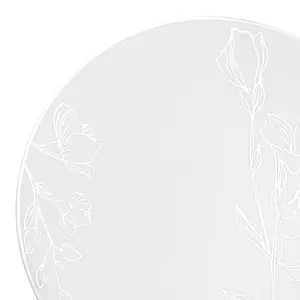 White with Silver Antique Floral Round Disposable Plastic Appetizer/Salad Plates (7.5")