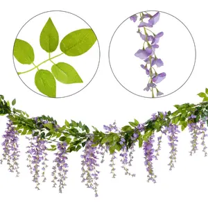 4pcs Plastics Wisteria Artificial Flowers Garland, Total 28.8ft Artificial Wisteria Vine Silk Hanging Flower for Home Garden Outdoor Ceremony Wedding Arch Floral Decorative (Light Purple)