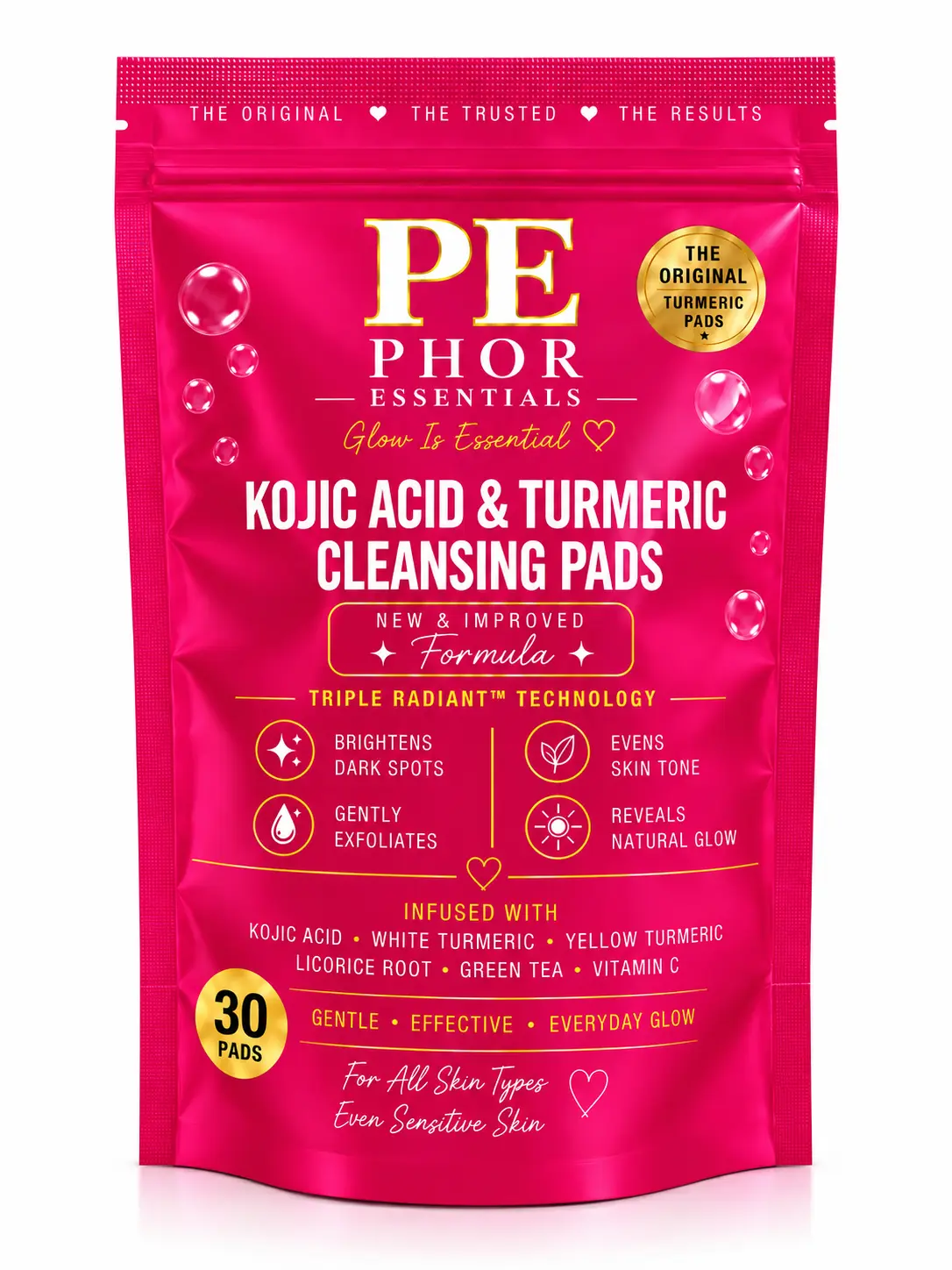 Phor Essentials Kojic Acid & Turmeric Cleansing Pads | 30 Count | Exfoliating Face & Body Cleansing Pads for Dark Spots & Even Looking Skin