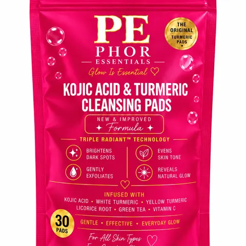 Phor Essentials Kojic Acid & Turmeric Cleansing Pads | 30 Count | Exfoliating Face & Body Cleansing Pads for Dark Spots & Even Looking Skin