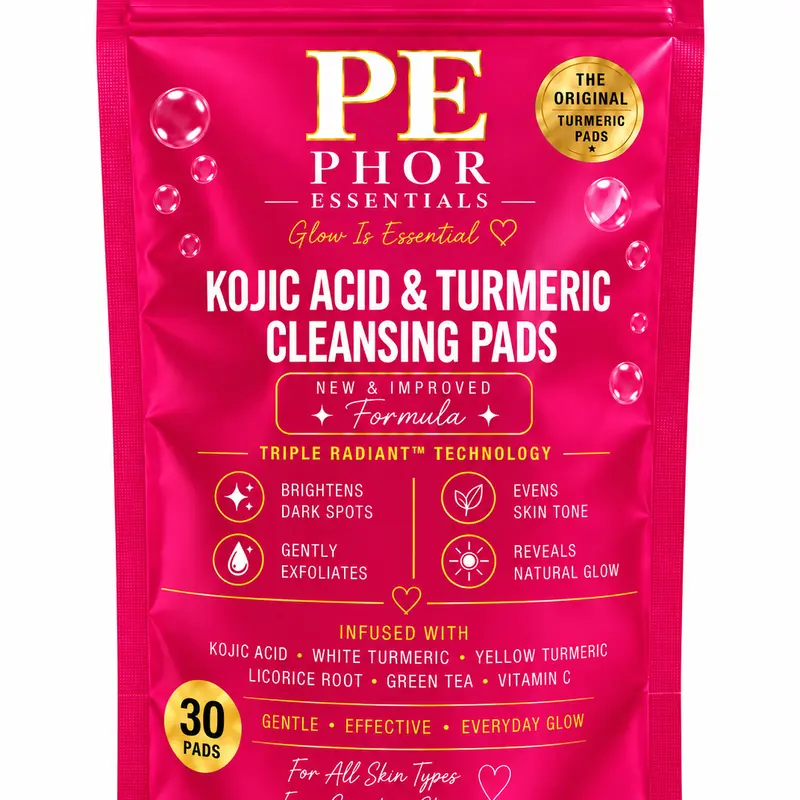 Phor Essentials Kojic Acid & Turmeric Cleansing Pads | 30 Count | Exfoliating Face & Body Cleansing Pads for Dark Spots & Even Looking Skin