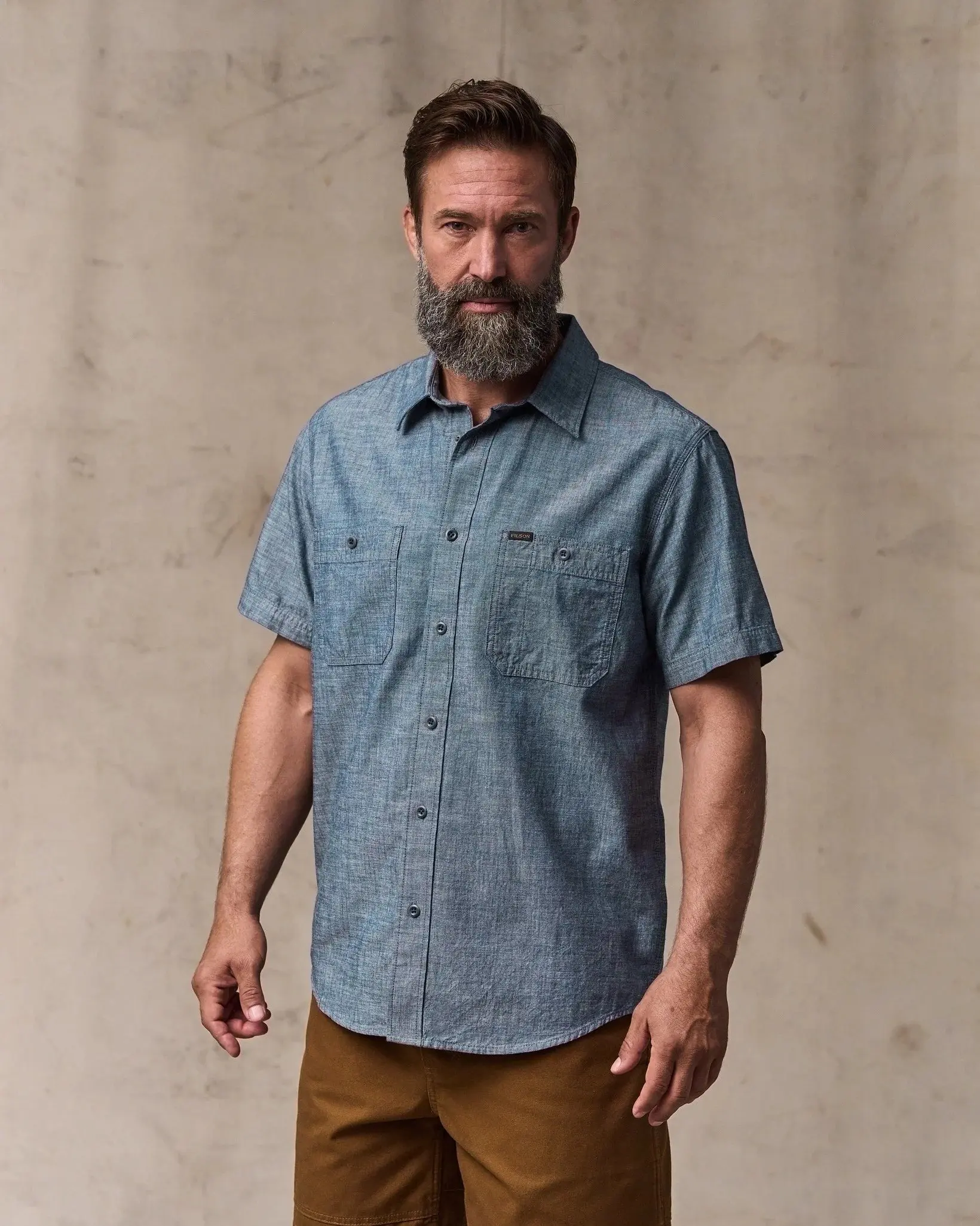 Short-sleeve Embroidered Chambray Shirt