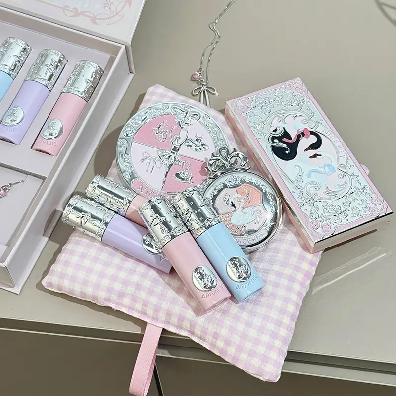 Balletcore Pink Makeup Gift Box - All-in-One Set (Face Powder, Blusher, Lip Mud, Eyeshadow, Contour), Face Makeup Sets, Soft Flawless Finish, Perfect Holiday/Birthday Gift for Women & Teens