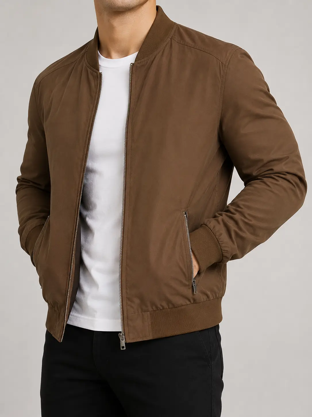 Men's Plain Brown Textured Baseball-Aviator Coat, Menswear with Ribbed Collar, All-Zip Pockets, Long Sleeve Stylish Casual Outerwear