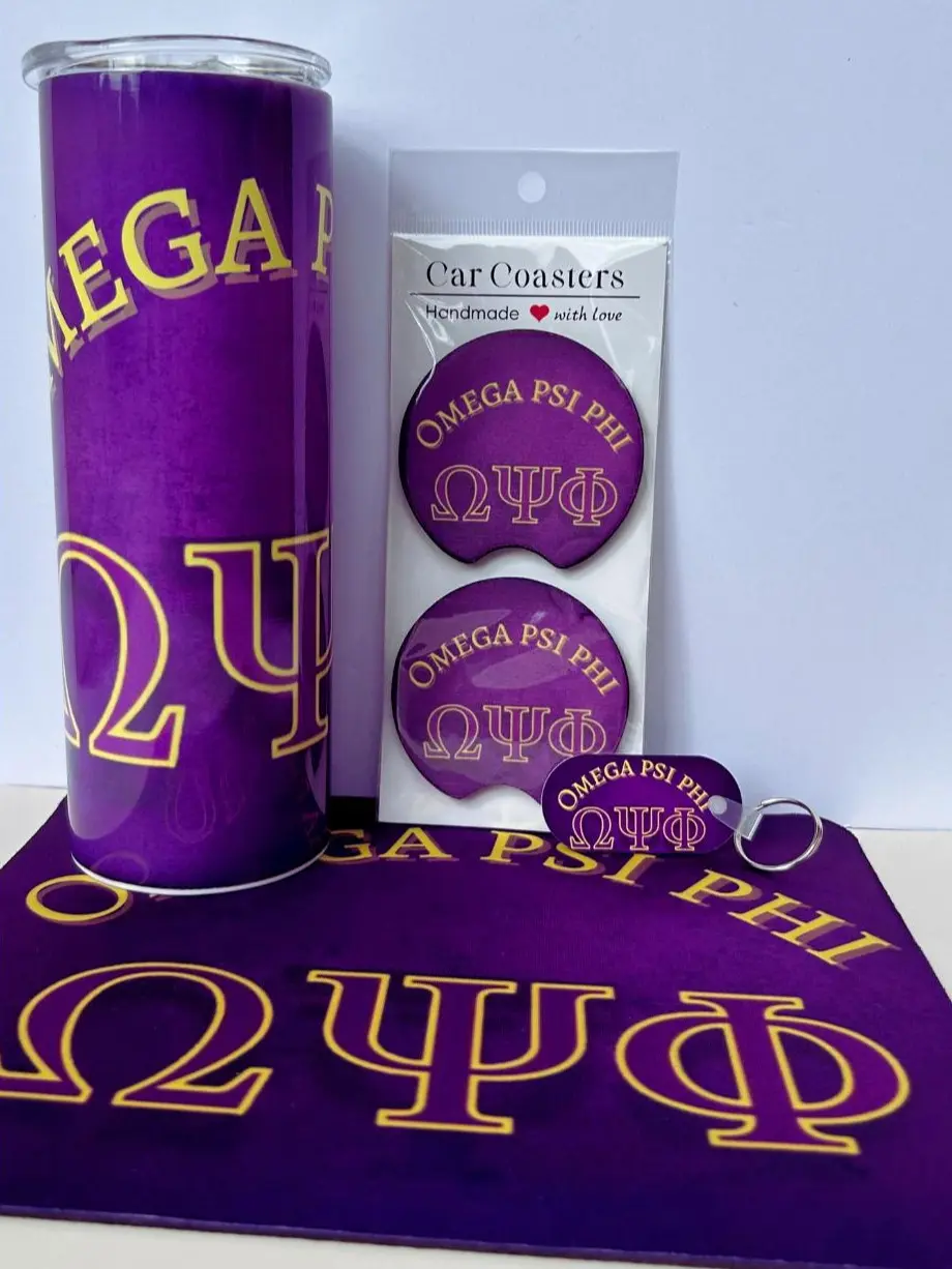Omega Psi Phi Purple Que Pride Fraternity Bundle - Tumbler, Mouse Pad, Car Coasters, Keychain - Royal Purple & Gold - Everyday Use & Gifting Set