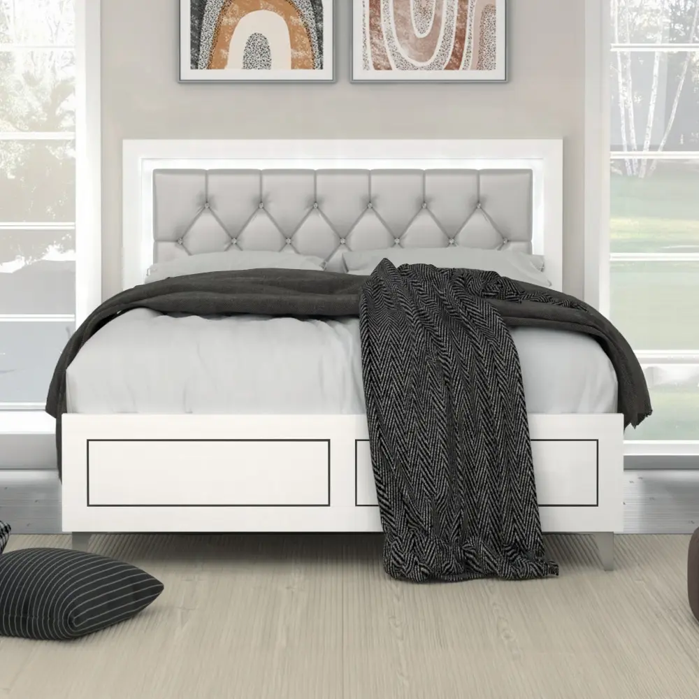 Dreamzon Grey and White Queen Tufted Upholstered Bed Frame - PU Leather, 43 Inches High Padded Headboard, Sturdy Stable Platform Bed with LED Light, 12 Slats Support