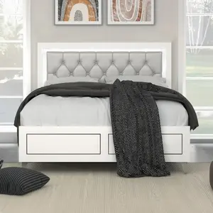 Dreamzon Grey and White Queen Bed with LED Light Padded Headboard