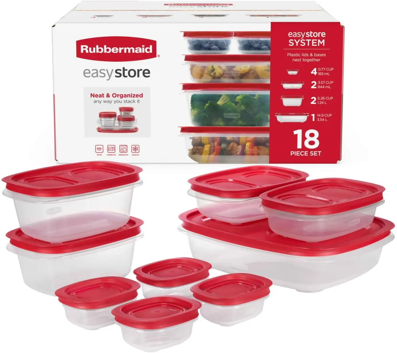 Rubbermaid EasyStore Large Containers, 18-Piece Set, Food Storage Containers with Lids