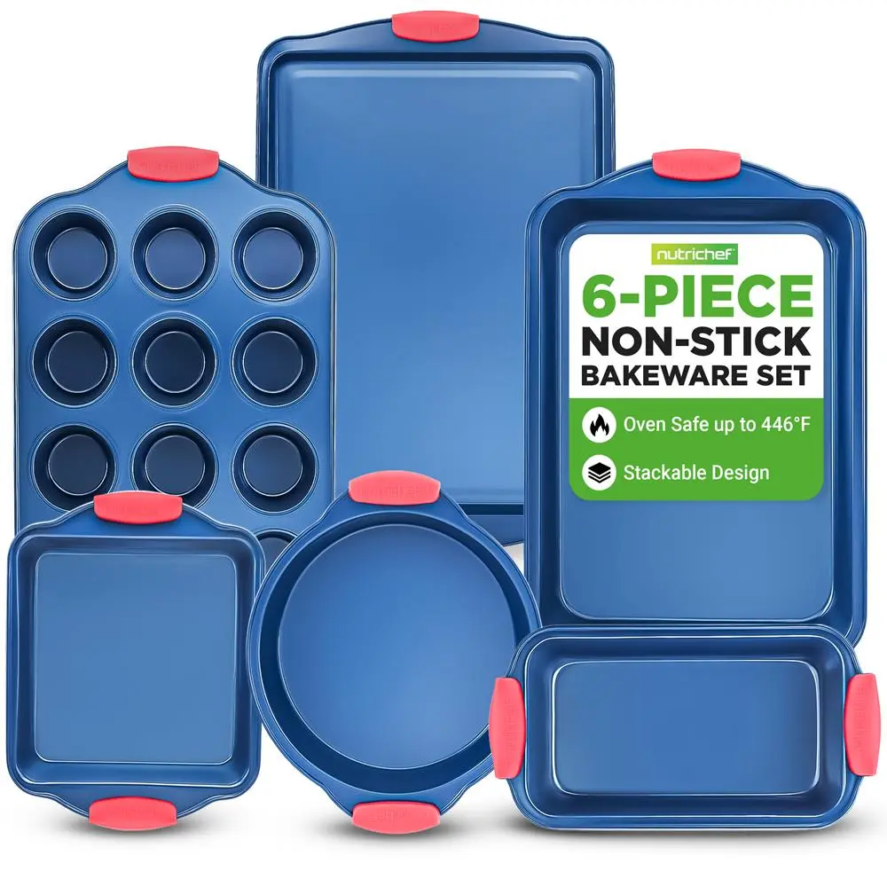 6-Piece Nonstick Bakeware Set - Blue Coating | Carbon Steel Baking Pan Set with Red Silicone Handles & Cookie Sheet - Oven-Safe & Freezer Safe - Stackable Design - Home Kitchen Baking Essentials for Everyday Use