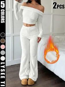 Autumn and winter women's soft plush suit, one shoulder short top+pants, milky white to show off temperament, suitable for both home and outdoor activities, lazy yet fashionable, Loungewear