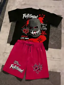 Men's Trendy Attitude Graphic Set, Round Neck, Ski Mask Print + Block Design, Loose Comfort Fit, Streetwear Style, Outfit