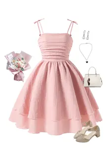 Girl's Solid Color Tie Shoulder Cami Dress, Cute Fashion Casual Sleeveless Short Dress for Party Holiday Wedding Guest, Kids Summer Clothes, Party Outfits