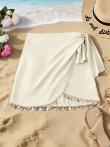 Shell Decor Beach Casual Skirt, Irregular Wrap Elastic Waist Short Skirt, Bohemian Style A-Line Skirt, Music Festival