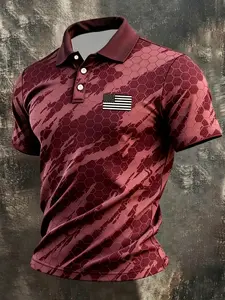 Men's 250th Anniversary Short Sleeve Shirt, Honeycomb Camo, Usa Flag Print, Tactical Casual Quick-Dry Collarless Top, Patriotic Polo Shirt