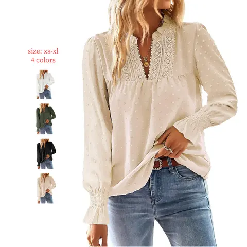 Mundoven Women's Boho V-Neck Blouses - Lady's Soft Fabric Basic Long Sleeve Swiss Dot Lace Flowy Tops, Trendy Dressy Casual 2026 Shirts, Trendy Blouses
