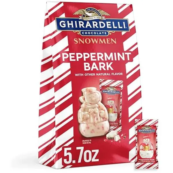 GHIRARDELLI Peppermint Bark Snowmen – Limited Edition Holiday Chocolate Candy Featuring Layers of Rich Chocolate Layers with Festive Peppermint Flavor, 5.7 oz Bag