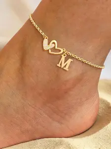 Women's Stainless Steel Chain Anklet, Vintage Zirconia Double Heart Letter Pendant Design, Casual All-Season Footwear Accessory