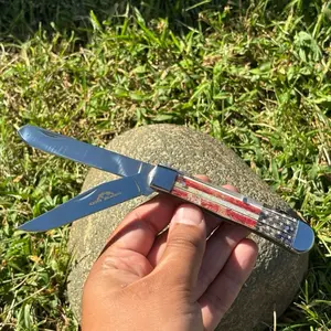 2 Blade Pocket Knife 4” Classic Folding Knife Trapper Stainless Steel Faded Glory USA Flag
