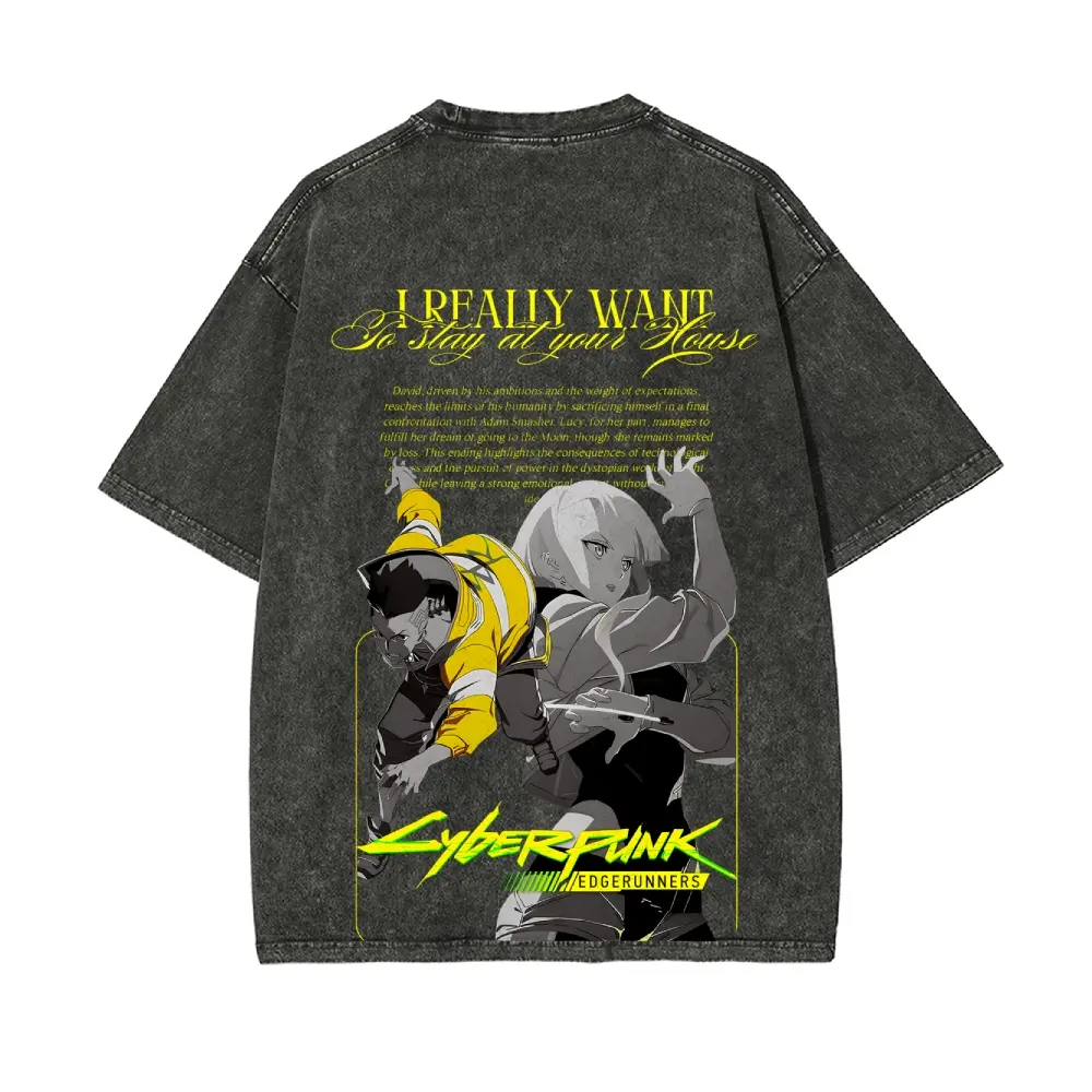 Cyberpunk: Edgerunners "I Really Wanna Stay at Your Moon" Graphic Oversized Unisex Washed Batik Cotton T-Shirt - Stretch Casual Fabric, Super Soft, Pre-Shrunk Menswear Streetwear Top