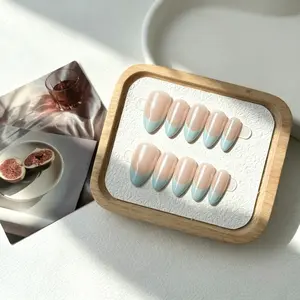 10PCS Handmade Glossy Baby Blue French Tip Press On Nails, y2k style Short Almond Shaped, Reusable Shimmer Nude Fake Nails art set for Women, Daily Wear & Special Occasions