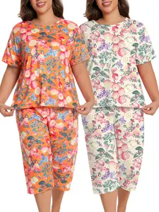 Women’s Plus Size Summer Two-Piece Pajama Set, Short Sleeve, Loose Fit, Casual Fruit Print, Available in Two Colors, Extra Large Size Home Loungewear Set