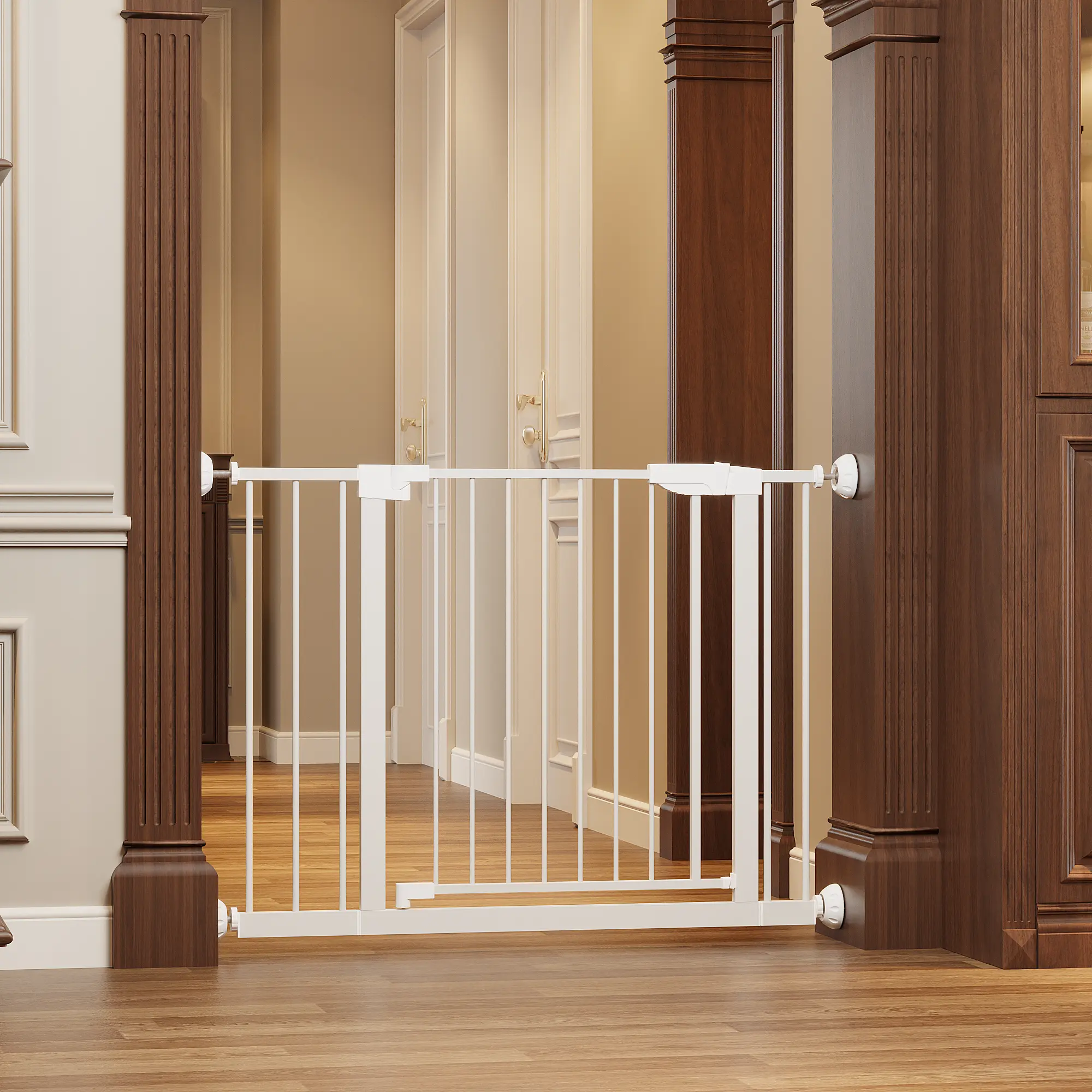 29.5-45.3" Wide Baby Gate with wall protector for Stairs, Dog Gate Indoor for Doorways, No Drilling Pressure Mounted Pet Gates for Kids, Easy Walk Through Safety Gate, White