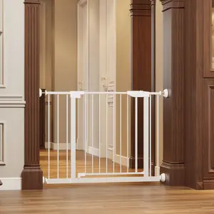 29.5-45.3" Wide Baby Gate with wall protector for Stairs, Dog Gate Indoor for Doorways, No Drilling Pressure Mounted Pet Gates for Kids, Easy Walk Through Safety Gate, White