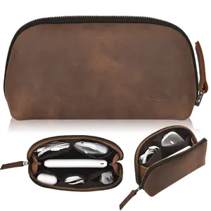 NUTUCH Leather Tech Pouch for Cables Chargers Phone | Tech Bag | Zipper Travel Accessory Pouch | Electric Organizer Case Travel Bag | Cord Cable Pouch
