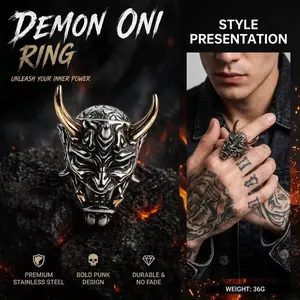 Oni Mask Stainless Steel Ring | Punk Hip - Hop Bold Statement | Men’s Edgy Jewelry