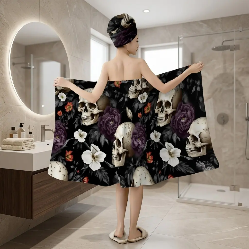 2Pcs Gothic Skull Floral Bath Wrap Towel with Hair Turban, Plus Size M-XXXXL No-Fall Shower Skirt, Soft Water Absorbent Towel Wrap for Girls, Perfect for Halloween & Holiday Gifting