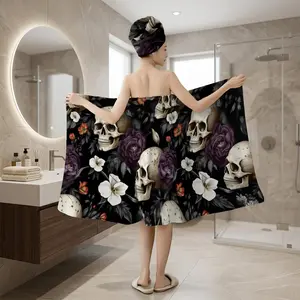 2Pcs Gothic Skull Floral Bath Wrap Towel with Hair Turban, Plus Size M-XXXXL No-Fall Shower Skirt, Soft Absorbent Towel Wrap for Girls, Perfect for Halloween & Holiday Gifting